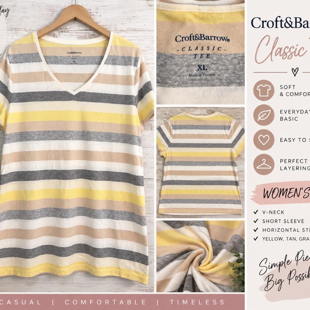 Croft & Barrow Classic Tee Striped V-Neck Top – Women's XL